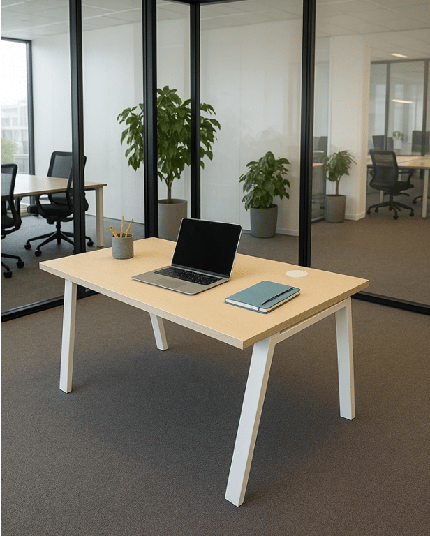 Bureau droit avec plateau en bois lightcreme et pieds en métal blanc