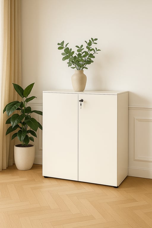 Armoire Basse 140 cm en Métal Blanc