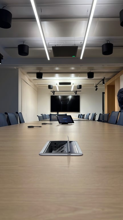 Table de réunion rectangulaire avec accès goulotte et top access